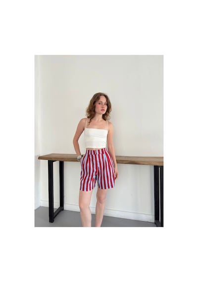 Verymoda Çizgili Pileli Bermuda Şort D3097 Kırmızı Mavi