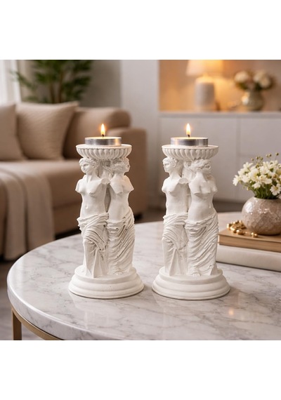 Yunan Üç Güzeller Tealight Mumluk Seti 2 Li, 16 Cm Taş Tozu Beyaz Heykel Mumluk, Antik Mitoloji Ev Dekoru