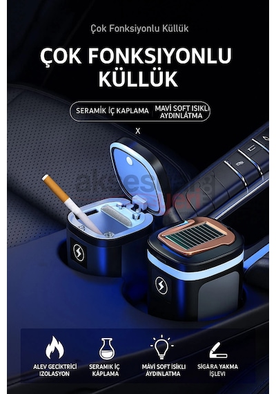 Araç İçi Küllük Lüks Güneş Enerjili Çakmaklı Seramik Deri Detaylı Premium Model