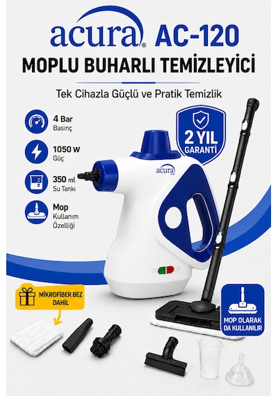 Acura AC-120 1050 W Moplu Buharlı Temizleyici + Mikrofiber Bez