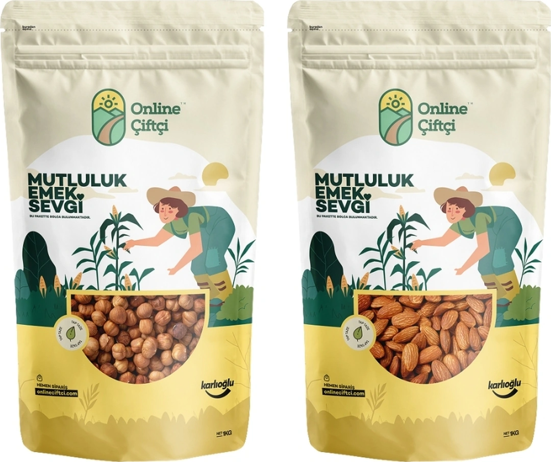 Online Çiftçi Çiğ İri Fındık + Çiğ Yerli Badem 1 KG