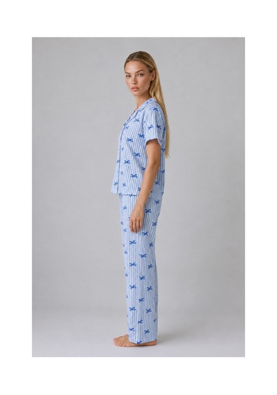 Fit Women Mavi Kurdele Desenli Çizgili Bürümcük Pijama Takımı 4645-mavi