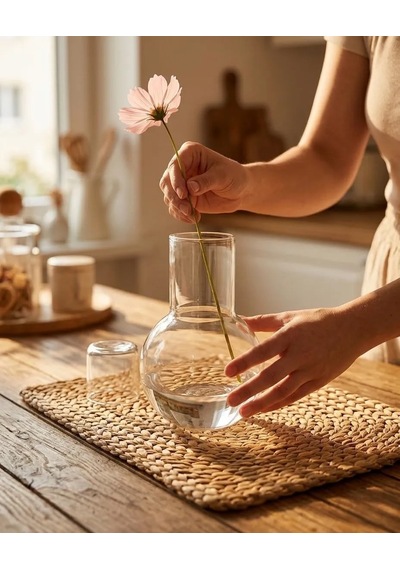 Borosilicat Cam Başucu Sürahisi Bardak Kapaklı Set 02