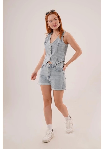 Defymoda Düğme Ve Ön Dikiş Detaylı Mavi Jean Yelek Mavi