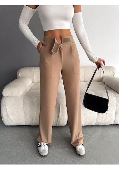 Nevege Butik Nevege Beli Cırtlı Likralı Krep Kumaş Palazzo Pantolon Camel