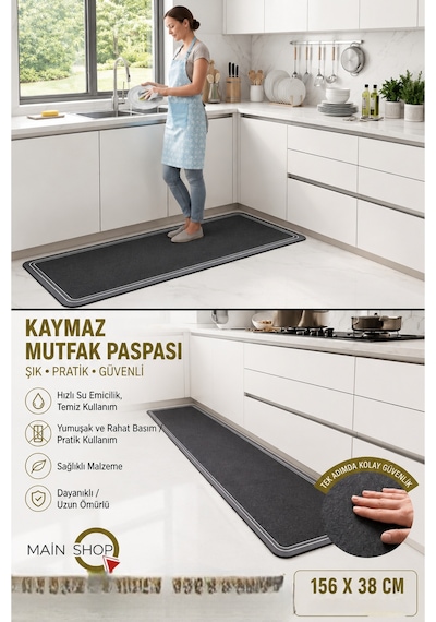 Mainshop Mutfak Tezgahı Önü Banyo Paspası Kaymaz Tabanlı Su Emici Paspas Yazısız Gri Model 158x38cm M-9 Çok Renkli