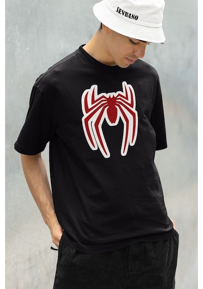 Oversize Film Kahramanı Spider-man Logo Baskılı Unisex Oversize T Siyah