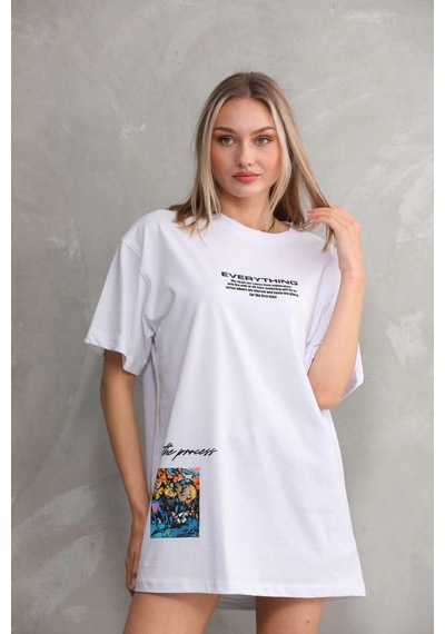 Primemagazam Kadın Bisiklet Yaka Baskılı Oversize T-shirt - Beyaz Çeşitli