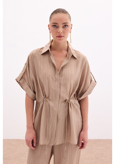 Sateen Bel Büzgü Detaylı Gömlek - Camel-136097 CAMEL