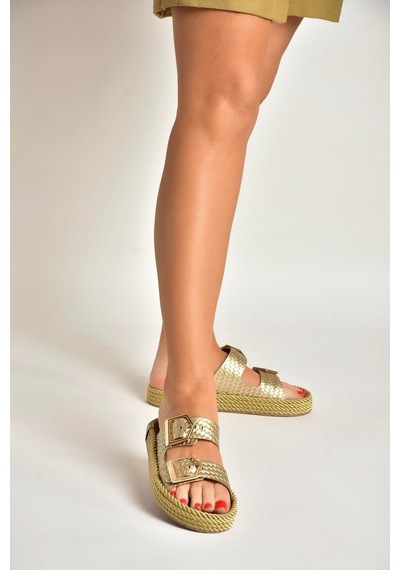 Fox Shoes U596030209 Altın Örgü Görünümlü Kadın Terlik Altın