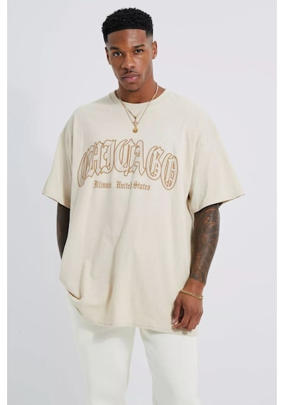 Altamira Unisex Bej Chicago States Baskılı Bisiklet Yaka Oversize T-shirt 001