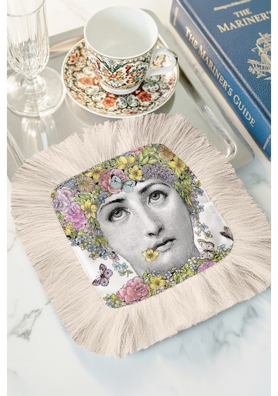 Çiçekli Portre Püsküllü Sunum Peçetesi - Vintage Bohem Pastel Krem Bardak Altlığı Mendil Sisli Açık Hardal