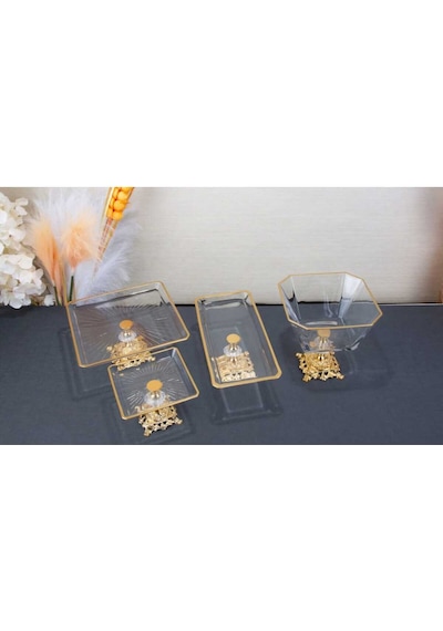 Çnr Home Collection 4 Parça Metal Ayakli Kurabiyelik Sunum Seti Gold