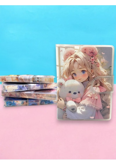 Kawai Kore Kız Ayıcıklı A7 Not Defteri , Çıt Çıtlı Cep Defteri - Pembe