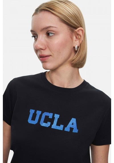 Isolde Siyah Bisiklet Yaka Baskılı Standard Fit Kadın Tshirt Siyah