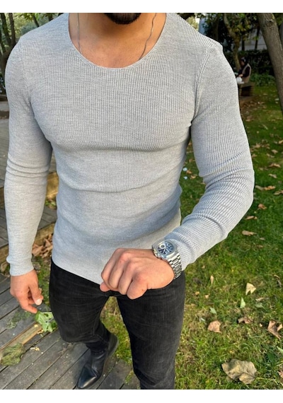 Elku Moda Kazak Örme Tüylenmez Naturel Pamuk Kazak Slim Fit Triko Dar Kesim Body Kazak Gri