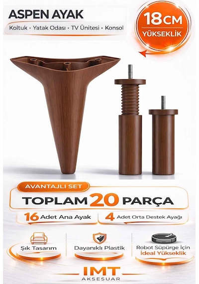 Aspen 18 Cm Ceviz 20 Adet Mobilya Ayağı Robot Süpürgeye Uyumlu Koltuk Tv Ünitesi Konsol Ayağı Kahverengi