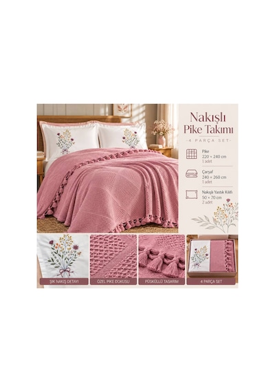 Slc Home %100 Pamuk Çift Kişilik Nakışlı Lüx Pike Takımı 4 Parça Yatak Örtüsü Pembe - 940022528 Pembe