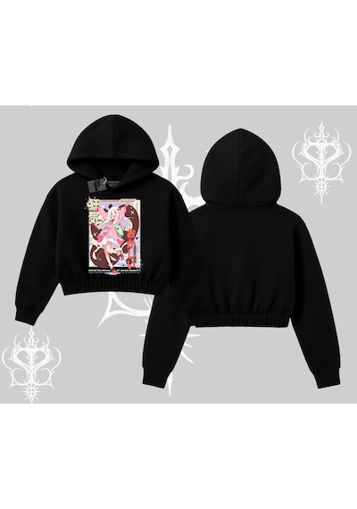 Startmore Kapşonlu Crop Sweatshirt Madness Unleashed Anime Girl Baskılı Siyah