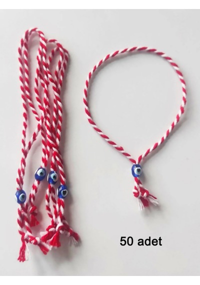 50 Adet Nazarboncuklu Kırmızı Beyaz Marteniçka Ip Bileklik - Dilek Bilekliği - 2 Çok Renkli