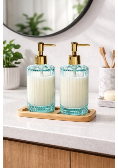 Buççin Online Mağaza Ahşap Standlı 2 Li Cam Sıvı Sabunluk 500 Ml Modern Banyo Ve Mutfak İçin Dekoratif Cam Sabunluk Seti Çok Renkli