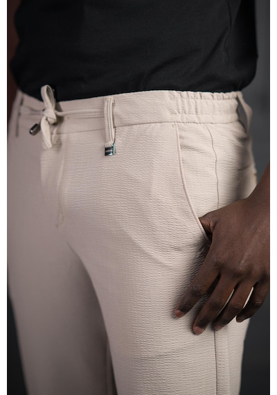 Perpant Slimfit Beli Lastikli Ve İplikli Likralı Gofre Kumaş Jogger Pantolon Krem