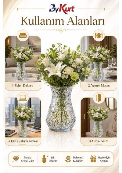Vazo Kristal Desenli Cam Çiçeklik Salon Ofis Masa Dekoru 20 Cm Şefaf