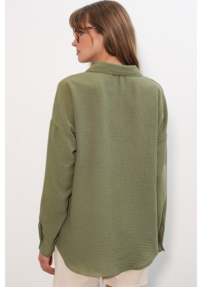 Bigdart Kadın Oversize Keten Gömlek 20338 - Haki
