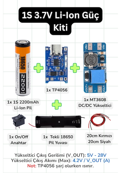 18650 Li-ıon Pil Güç Kiti 1s 2200mah Tp4056 Şarj + Mt3608 Boost/yükseltici Modül
