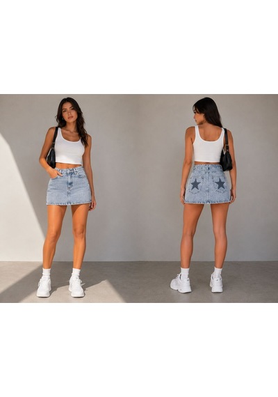 St.poll Taş Ve Yıldız Detaylı Denim Mini Şort Etek Buz Mavi
