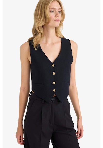 DeFacto Crop V Yaka Keten Karışımlı Blazer Siyah Yelek C7798AX25SMBK81