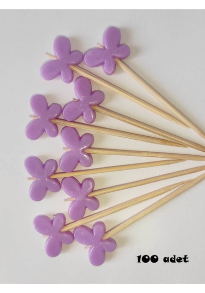 100 Adet Dekoratif Kelebek Boncuklu Cupcake Kürdanı 6 Cm Mor - Kelebek 15 Mm