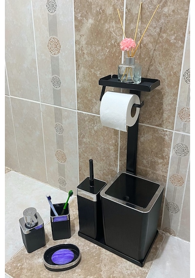 6 Parça Banyo Seti Çöp Kovası, Wc Fırça, Tuvalet Kağıtlık, Diş Fırçalık, Sıvı Sabunluk, Sabunluk Krom - Siyah