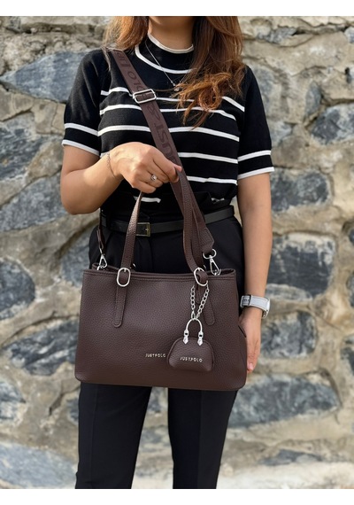 Just Polo Kadın Orijinal Just Polo Yumuşak Deri Ayarlanabilir Askılı Lüks El & Omuz Çantası Shoulder Bag Kahverengi