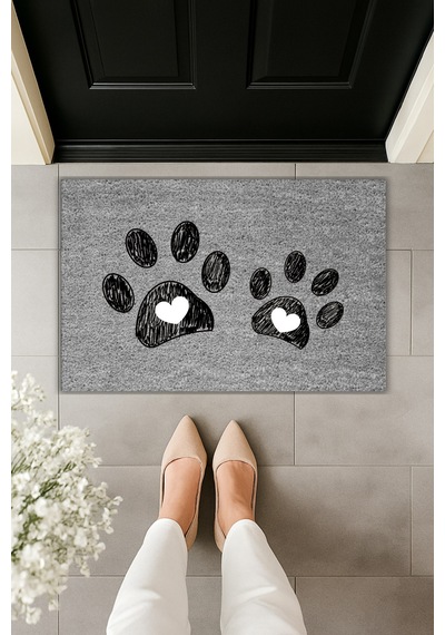 Rugmood Modern Dijital Baskı Paspas - Çift Büyük Pati - Kapı Önü Paspası 70x45cm Gri