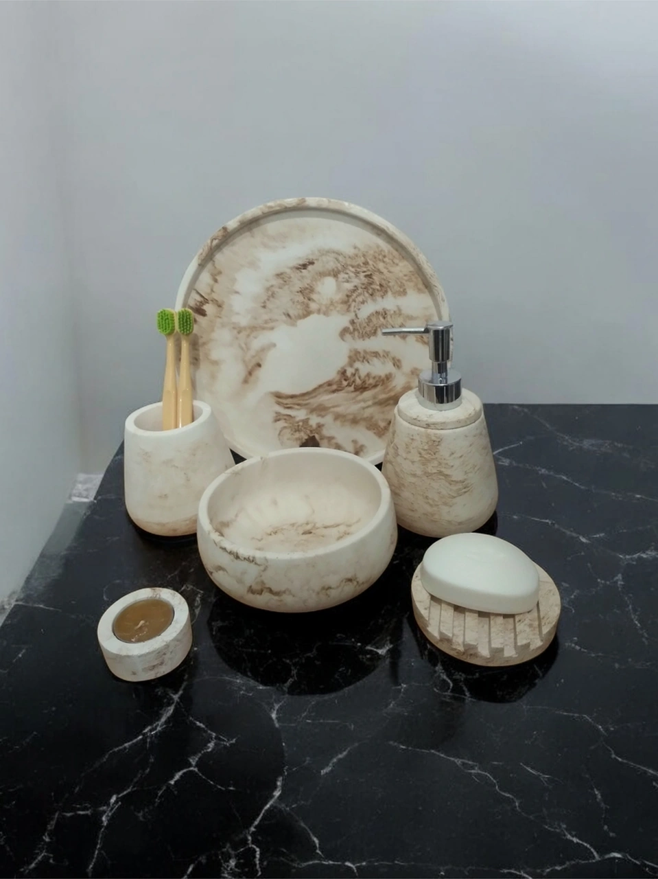 6'lı Mermer Desen Bej Beton Banyo Seti ,sabunluk,diş Fırçalığı,tepsi,mumluk,havluluk, Aksesuar Bej