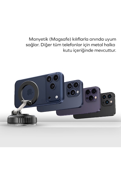 Woyax Magsafe Uyumlu 360 Mıknatıslı Ayarlanabilir Araç İçi Telefon Tutucu Kilitli Vakumlu Masa Dolap Cam Siyah