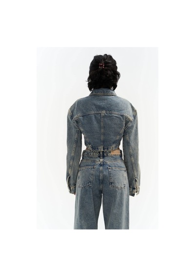 Mai Collection Mai Studios Co. Cali Çapraz Detay Kirli Yeşil Crop Jean Ceket Mavi