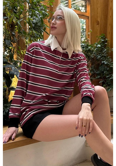 Bordo Çizgili Polo Yaka Kadın Uzun Kollu Tişört Mg2575 Bordo