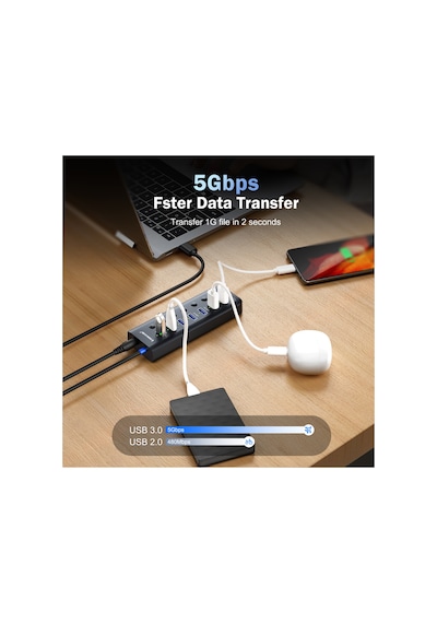 Lemorele Tc111 7 Port Usb 3.0 Hub Çoklayıcı - Açma Kapama Anahtarlı 5x Veri + 2x Şarj İstasyonu Led Göstergeli Usb Çoğaltıcı Adaptör Laptop Masaüstü Pc
