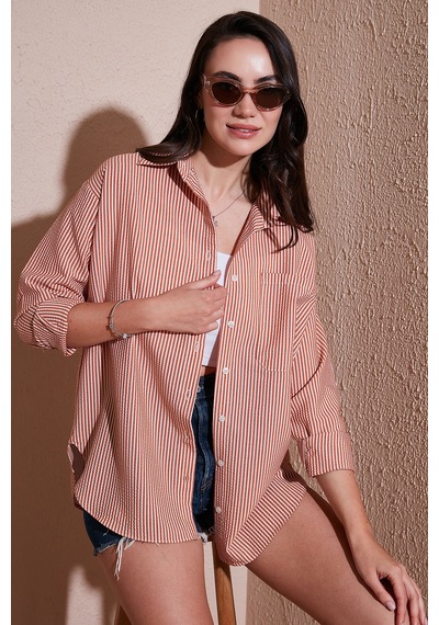 Lela Regular Fit Uzun Kollu Cepli Çizgili Bayan Gömlek 6772895 Kiremit