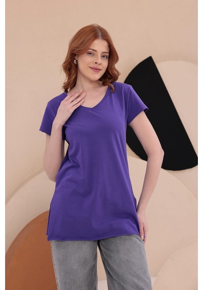 Bbbutikbasic Yırtmaçlı Uzun Basic Tişort Hkn34 Mor