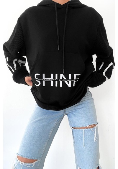 Femelle Siyah Beyaz Shine Yazılı Kollar Örme Triko Detaylı Kanguru Cepli Kapüşonlu Kadın Sweatshirt Hoodie Femelle Siyah Beyaz Shine Yazılı Kollar Örme Triko Detaylı Kanguru Cepli Kapüşonlu Kadın Sweatshirt Hoodie