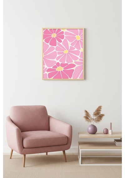 Doğal Ahşap Çerçeveli Retro Pembe Çiçekli Tablo - Boho Floral Desen Huhu2757