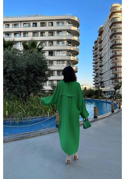 WeShaya Kadın Çimen Yeşili Yarasa Kol, Arkası Pliseli, Çift Cepli, Uzun Oversize Salaş Gömlek Elbise Yeşil