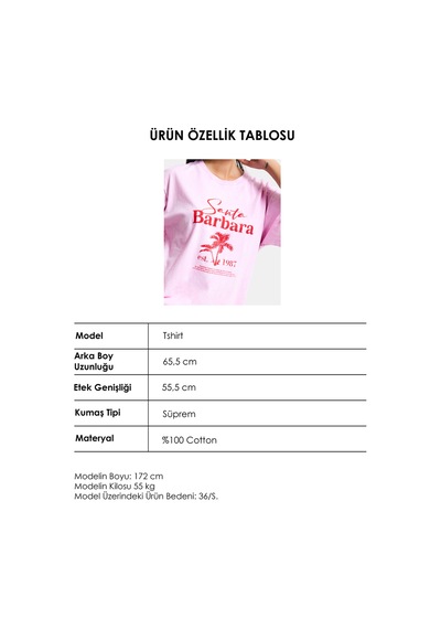 it's basic Kadın Pembe S6-98 Oversize Santa Barbara Baskılı %100 Koton T-shirt