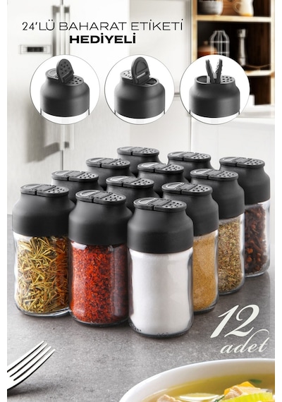 KitchenLife 12'li Çift Kapaklı Mini Twice Cam Baharatlık Seti - Tuzluk Biberlik Baharatlık Takımı Siyah - Şeffaf