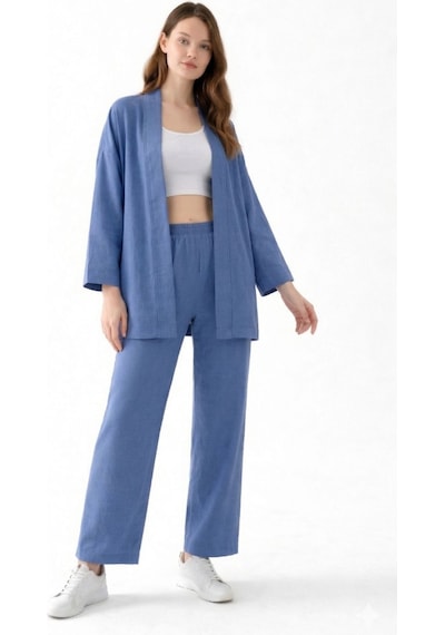 Zen Elegance Kadın Kimono Takım - Geniş Paça Keten Dokulu Alt Üst Yazlık Kadın Takım İndigomavi Zen Elegance Kadın Kimono Takım - Geniş Paça Keten Dokulu Alt Üst Yazlık Kadın Takım İndigomavi
