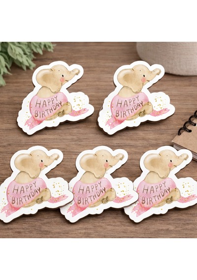 Fil Figürlü Happy Birthday Mdf Dekoratif Hediyelik 5 Li Set 5x5 Cm