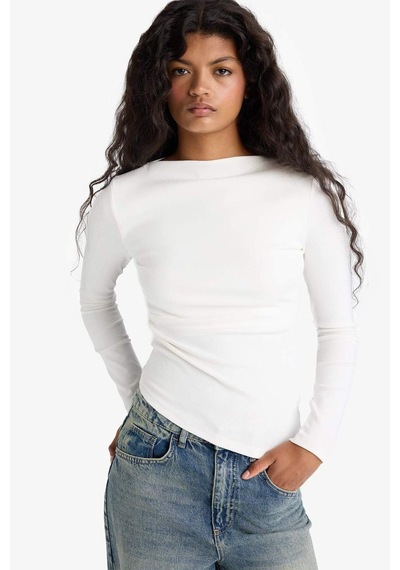Defacto Slim Fit Dar Kesim Kayık Yaka Ribana Uzun Kollu Tişört G1581ax25auer105 Ekru